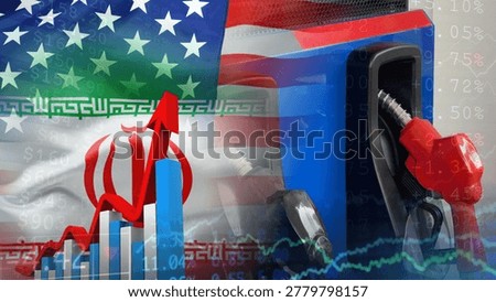 The relationship between Iran and the US is driving gasoline prices up sharply amid a complex economic environment. The bar chart, with bold red arrows pointing upwards, shows the Iranian and US flags, multiple gas pumps, and financial data, illustrating the increase in energy consumption, gasoline demand, and their impact on the cost of living.