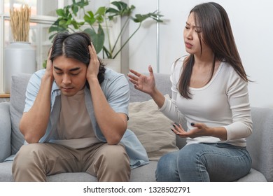 Relationship Problem. Asian Couple Fighting At Home.