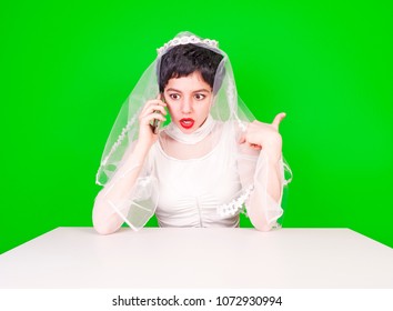 Relationship Problems And Troubles Concept. Annoyed Mad Bride In White Dress Calling To Somebody.Who Me? Are You Talking About Me? Bride Pointing Finger At Herself, Having Doubt Facial Expression.