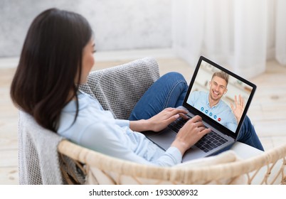 Relationships at distance, online conference, modern communication and devices. Millennial asian lady using laptop computer with waving man at screen, make video call at home, copy space, collage - Powered by Shutterstock