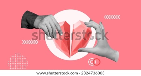 Relationships, Feelings, Psychology, Interaction. The hand of a woman and the hand of a man connect the halves of a symbolic broken heart. Minimalist art collage.