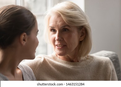 Relative People Aged Mother Chatting With Grown Up Daughter Having Informal Confidential Talk Sit On Couch Spend Time Together Trust Each Other Secrets, Grandma Adult Grandchild Warm Relations Concept