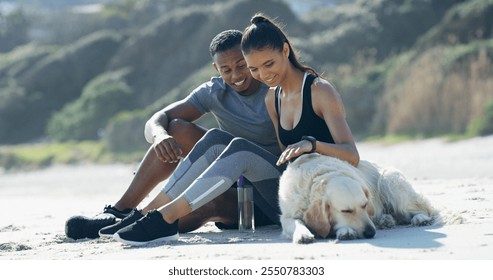 Relax, beach and couple with dog in nature after training, exercise and workout for health together outdoors. Dating, pet owners and man and woman with Labrador on sand for resting, break and calm - Powered by Shutterstock