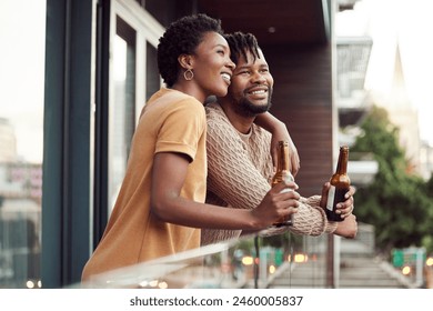 Relax, beer or happy black couple hug in villa on holiday vacation together with city, support or care. Romance, apartment view or man with African woman with love, commitment or smile in marriage - Powered by Shutterstock