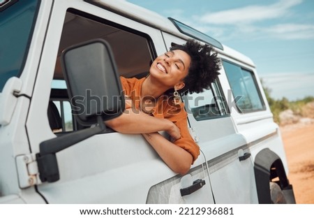 Relax black woman on road trip, happy with view of desert and transport in jeep or car on holiday in Cairo. Travel adventure drive, smile in summer vacation and explore freedom of nature in the sun