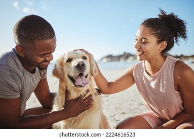 Relax, couple and dog at a beach, happy and smile while bonding, sitting and touching their puppy against blue sky background. Love, black family and pet labrador enjoy a morning outing at the ocean - Powered by Shutterstock