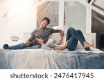 Relax, couple and holding hands in bed in the morning with love, bonding and care together in a home with a smile. Chat, marriage and romance of happy people in a bedroom with support and commitment