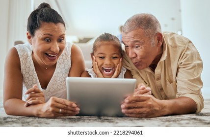 Relax, Digital Tablet And Family On Floor In Living Room, Wow And Happy With Online Cartoon Or Animation In Mexico. Happy Family, Grandparents And Girl Bond, Watch And Enjoy Internet Fun Together