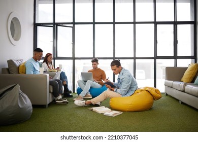 Relax, Education And Learning With Students In Room For University, Internet And Knowledge. College, Online And Support With Friends Studying With Books And Laptop For School, Community And Project