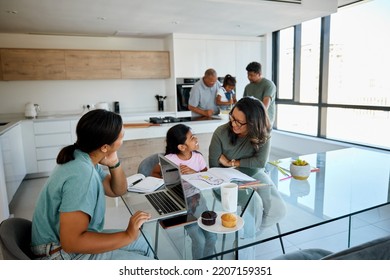 Relax, Family And Grandparents With Kids In Kitchen Together To Bond With Small Grandchildren. Young And Senior Filipino Relatives Enjoy Rest With Children In Positive, Happy And Caring Home.