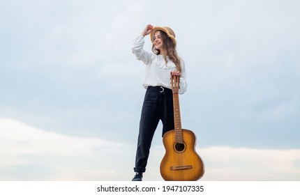 Relax With Favorite Music. Musical Shop. Happy Girl Enjoy The Moment. Have Fun On Celebration. Kid Singing With Guitar. Teen Hipster Playing On Guitar. Singer With Acoustic Guitar. Music And Art