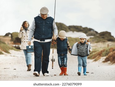 Relax, fishing and travel with family at beach for vacation, bonding and outdoor hobby. Happiness, retirement and holiday with grandparents and children in nature for learning, adventure and weekend - Powered by Shutterstock