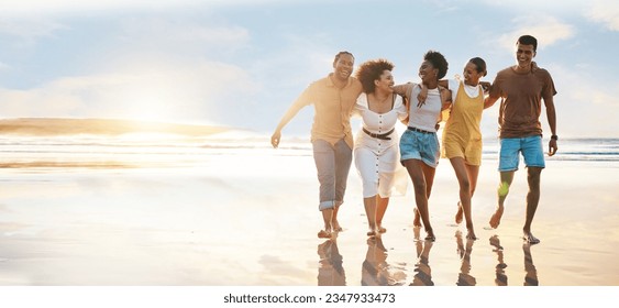 Relax, happy and travel with friends at beach for freedom, support and sunset. Wellness, energy and summer banner with group of people walking by the sea for peace, adventure and vacation mockup - Powered by Shutterstock