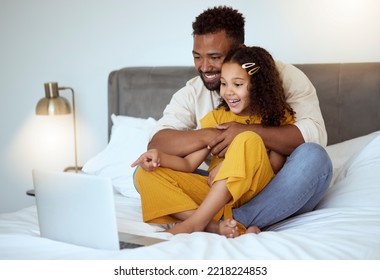 Relax, And Laptop With Father And Girl In Bedroom For Streaming Movie, Internet And Online Media. Happy, Technology And Learning With Dad And Child Together In Family Home For Website, Video And 5g