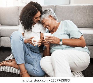 Relax, laughing and senior mother and daughter with coffee cup for home conversation, talking and bonding together. Black family, people or woman with elderly mom love, tea and living room carpet - Shutterstock ID 2259963093