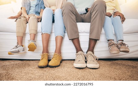 Relax, legs and shoes of black family on sofa for bonding, break and rest together. Support, connection and quality time with parents and children in living room at home for comfort, care and feet - Powered by Shutterstock