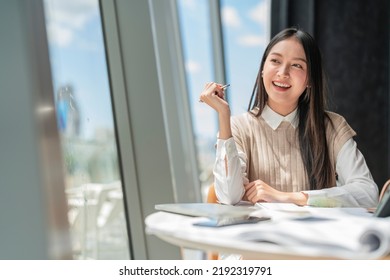 Relax Leisure Attractive Smart Asian Female Freelance Entrepreneur Smile And Enjoy Working With Smartphone And Laptop At Cafe With Blur City Business View Digital Nomad Casual Ideas Concept