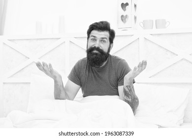 Relax Lifestyle Concept. Smiling Bearded Man In Bed. Morning Erection. Bachelor Wake Up Early. Guy At Bedroom. Lazy Sunday. Bed Time Routine. Mens Health. Brutal Male Feel Rested. Positive Morning