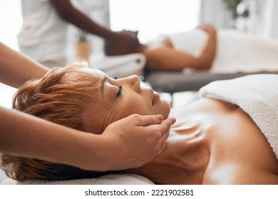 Relax, Luxury Massage And Senior Couple Together In Hotel Spa Or Salon For Romantic Anniversary Weekend. Health, Wellness And Romance, Massage Therapy For Mature Black Woman And Man In Retirement.