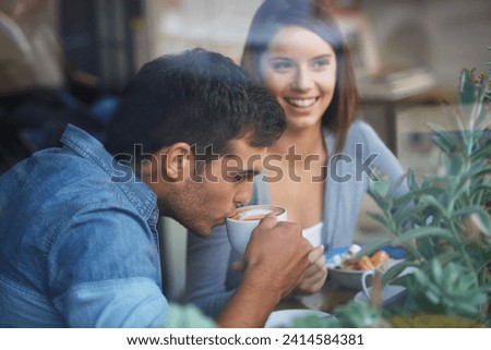 Relax man, coffee cup and couple on restaurant date, lunch break or enjoy caffeine beverage, latte or espresso. Relationship, cafe window and people drinking coco, cacao liquid or cappuccino in diner