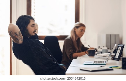 Relax, office and man with completed task for deadline for international client with creative career. Laptop, chilling and male graphic designer resting for finished project at startup agency. - Powered by Shutterstock