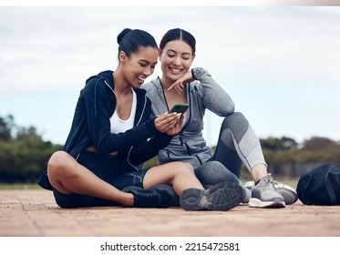 Relax, Phone And Fitness Friends On Social Media App For Chill Break Together After Training. Happy Girl Friendship Internet News, Funny Meme Post And Internet Entertainment For Workout Rest Outdoor