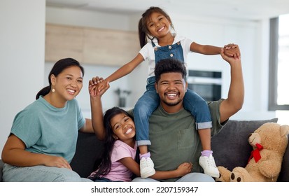 Relax, Portrait And Happy Family In New Zealand Love To Enjoy The Weekend, Quality Time And Having Fun Together. Happiness, Children And Sisters Smiling With A Proud Mom And Playful Father At Home