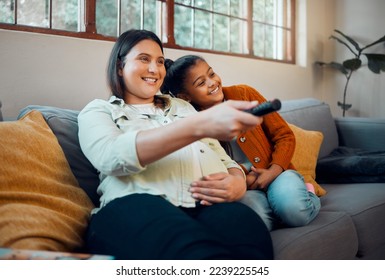 Relax, pregnant woman and girl watching tv, film or movies on sofa with remote control for a fun television. Happy family, pregnancy or mother streaming or enjoying entertainment with child at home - Powered by Shutterstock