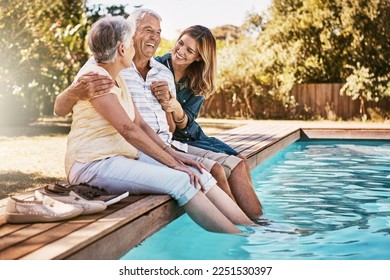 Relax, senior couple and woman with feet in swimming pool enjoying summer holiday, vacation and weekend. Family, love and daughter with elderly parents for bonding, quality time and laughing together - Powered by Shutterstock