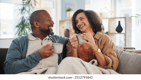 Relax, smile and coffee with mature couple on sofa for bonding, marriage and romance. Happiness, calm and health with people drinking in living room of home for tea, communication and comfort - Powered by Shutterstock