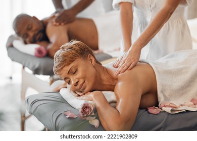 Relax, Spa And Senior Couple Get Massage Together At Hotel, For Romantic Anniversary Weekend. Health, Wellness And Romance, Luxury Back Massage For Mature Black Woman And Man, Relaxing In Retirement.