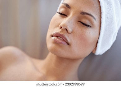 Relax, spa and woman with massage, cosmetics and beauty with skincare, resort and body care. Female person, lady and customer with salon treatment, pamper and peace with wellness, rest and health