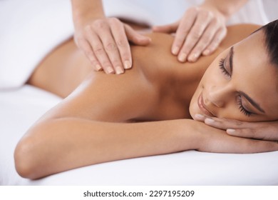 Relax, spa and woman with wellness, massage and luxury treatment with stress relief, smile and joy. Client, female person and lady with hands, employee and skincare with grooming, zen and self care - Shutterstock ID 2297195209