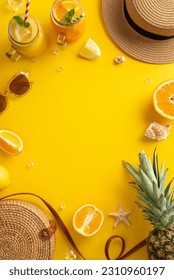 Relax and unwind with refreshing summer cocktails. This top vertical view flat lay highlights a bag, sunhat, pineapple, cocktails, and citrus fruit on a bright yellow background, with a blank circle