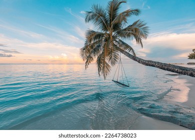 Relax vacation leisure lifestyle on exotic tropical island beach, palm tree hammock hanging calm sea. Paradise beach landscape, water villas, sunrise sky clouds amazing reflections. Beautiful nature
