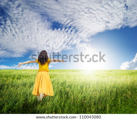 Similar – Image, Stock Photo girl walking in a field with yellow flowers sunny day