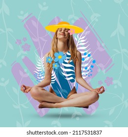 Relax, Yoga. Beautiful Romantic Girl On Drawn Colorful Floral Background. Contemporary Collage. Contemporary Artwork. Magazine Cover Design. Beauty, Style, Pop Art, Fashionable. Trendy Colors.