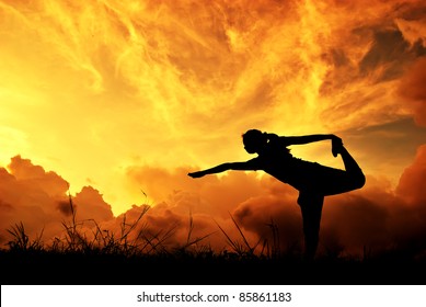 Relax Yoga Woman And Sunset Silhouette