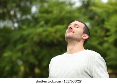 Homem adulto relaxado respirando ar fresco em uma floresta com árvores verdes ao fundo