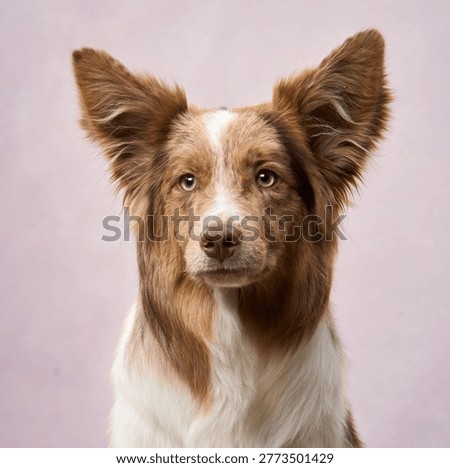 A relaxed Border Collie faces camera in a soft tone setting with upright ears.