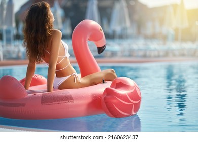 Relaxed brunette woman leaning back, while chilling on inflatable flamingo in swimming pool at sunset. Back view of gorgeous female in bikini riding on floaty against sunlight. Concept of chilling.