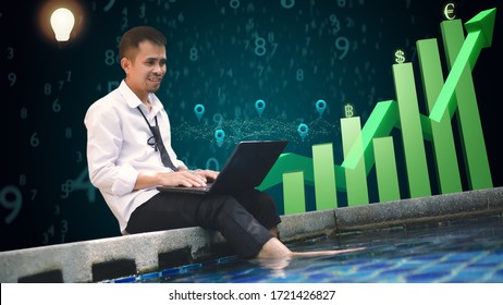Relaxed businessman sitting by the pool with a laptop. Bar graph, green arrow and many numbers on background. The concept of business and investment.