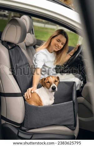 Relaxed calm dog in front seat of  car ready for road trip in car-hammock looking to the camera with almost closed eyes. owner driver girl petting dog and smiling. Dog is in focus, girl out of focus