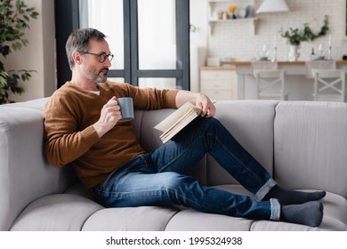 Relaxed Caucasian mature man father husband reading book, preparing for lessons tutoring, enjoying novel at home lying on the sofa couch. Social distance , isolation concept - Powered by Shutterstock