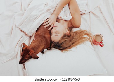 Relaxed Girl And Dog In Bed Asleep Hiding Under The Blanket. Cute Girl Wakes Up In A Cozy Warm Post With A Cup Of Latte, The Dog Wakes Up His Mistress Licking Her Tongue.        