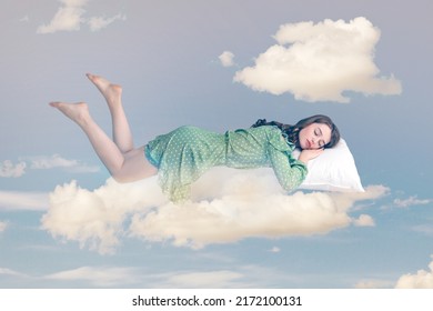 Relaxed Girl In Ruffle Dress Levitating In Mid-air, Sleeping On Stomach Lying Comfortable Cozy On Pillow, Keeping Eyes Closed, Watching Peaceful Dream. Collage Composition On Day Cloudy Blue Sky