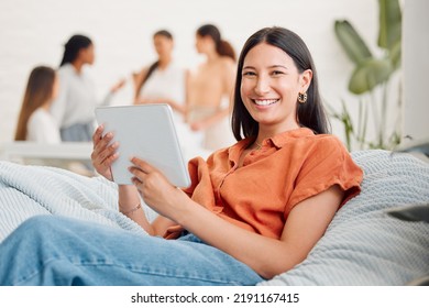 Relaxed, Happy And Relaxing Digital Marketing Agency Employee On A Break Browsing The Internet On A Tablet. Portrait Of A Smiling, Young And Excited Female Worker Searching For Social Media Trends