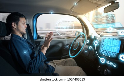 Relaxed Man In Autonomous Car. Self Driving Vehicle. Autopilot. Automotive Technology.