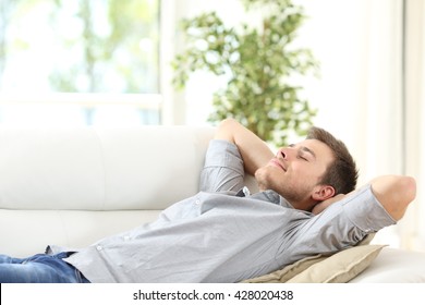 Relaxed Man Resting Lying On A Couch With The Hands On The Head At Home