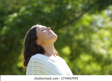 Relaxed middle age woman breathing fresh air standing in the park at summer